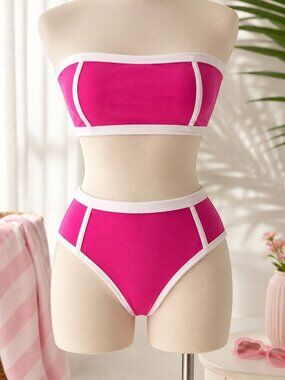 Kona Sol Hot Pink & White Trim Bandeau Bikini Set NWT